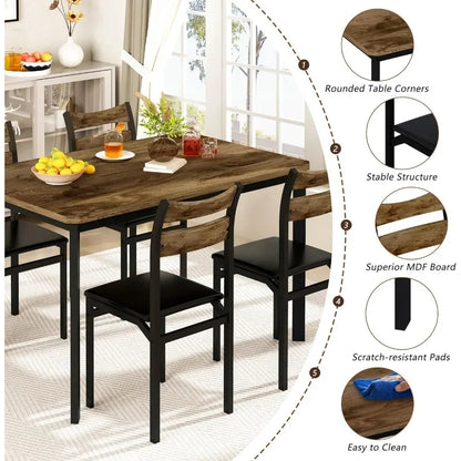 Juego de mesa de comedor para 4, mesa de comedor de 43,3" con 4 sillas tapizadas de cuero sintético, juego de mesa y sillas de cocina de madera moderna