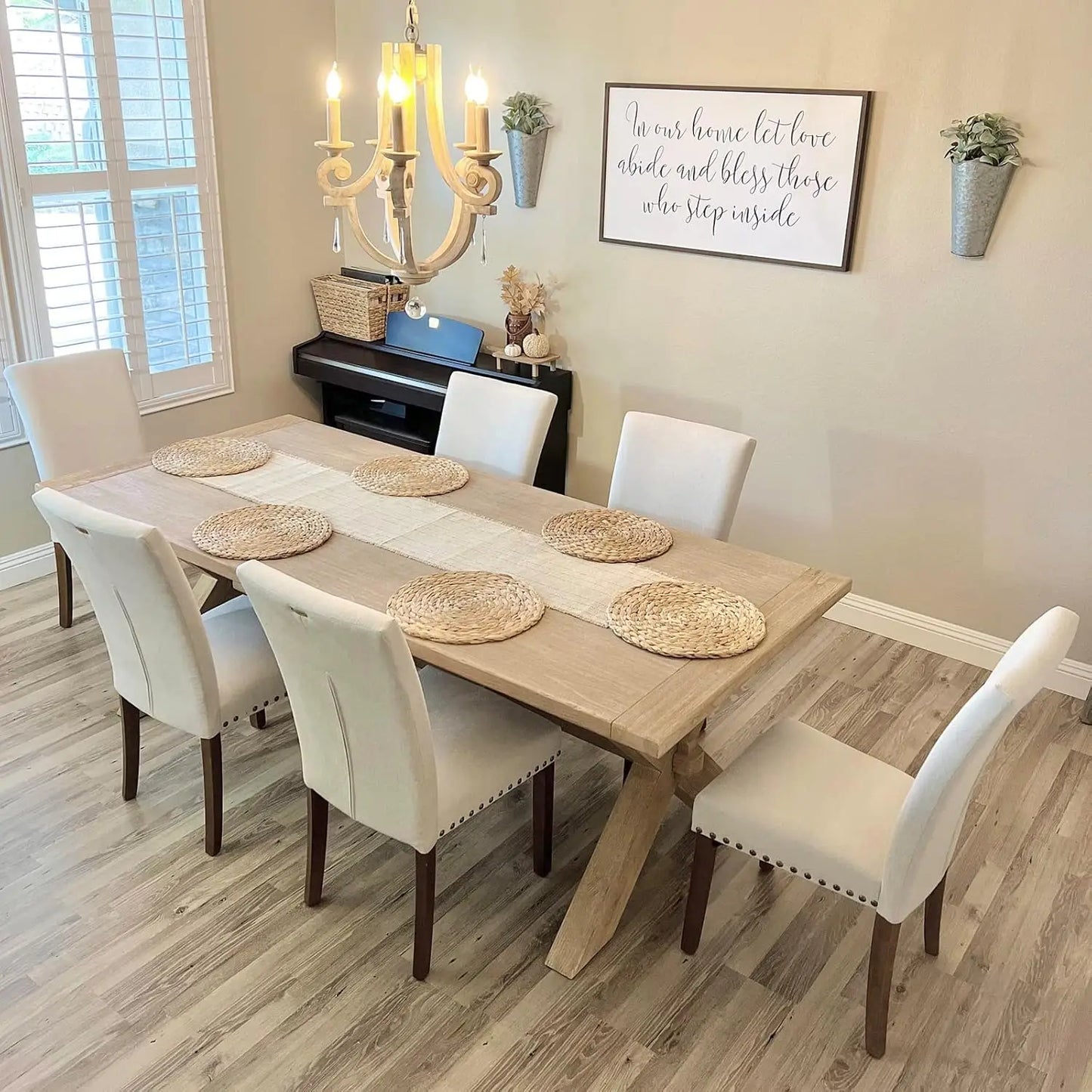 Juego de 4 sillas de comedor, silla auxiliar de tela para cocina con borde de tachuelas y patas de madera, color beige