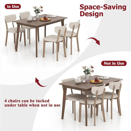 Ensemble de table à manger pour 4 personnes, ensemble de dinette avec table et 4 sièges rembourrés, pieds en bois d'hévéa, dossier incurvé, salle à manger