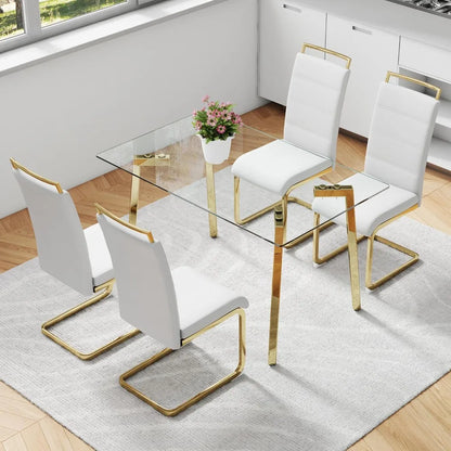 Ensemble de table à manger pour 4 personnes, plateau de table rectangulaire en verre transparent avec pieds dorés, ensemble de 4 chaises de cuisine en similicuir, ensemble de salle à manger