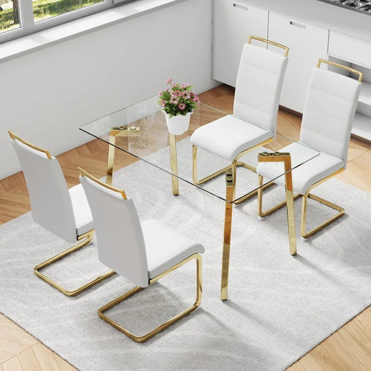 Juego de mesa de comedor para 4, tablero de vidrio transparente rectangular con patas doradas, juego de 4 sillas de cocina de cuero sintético, juego de comedor