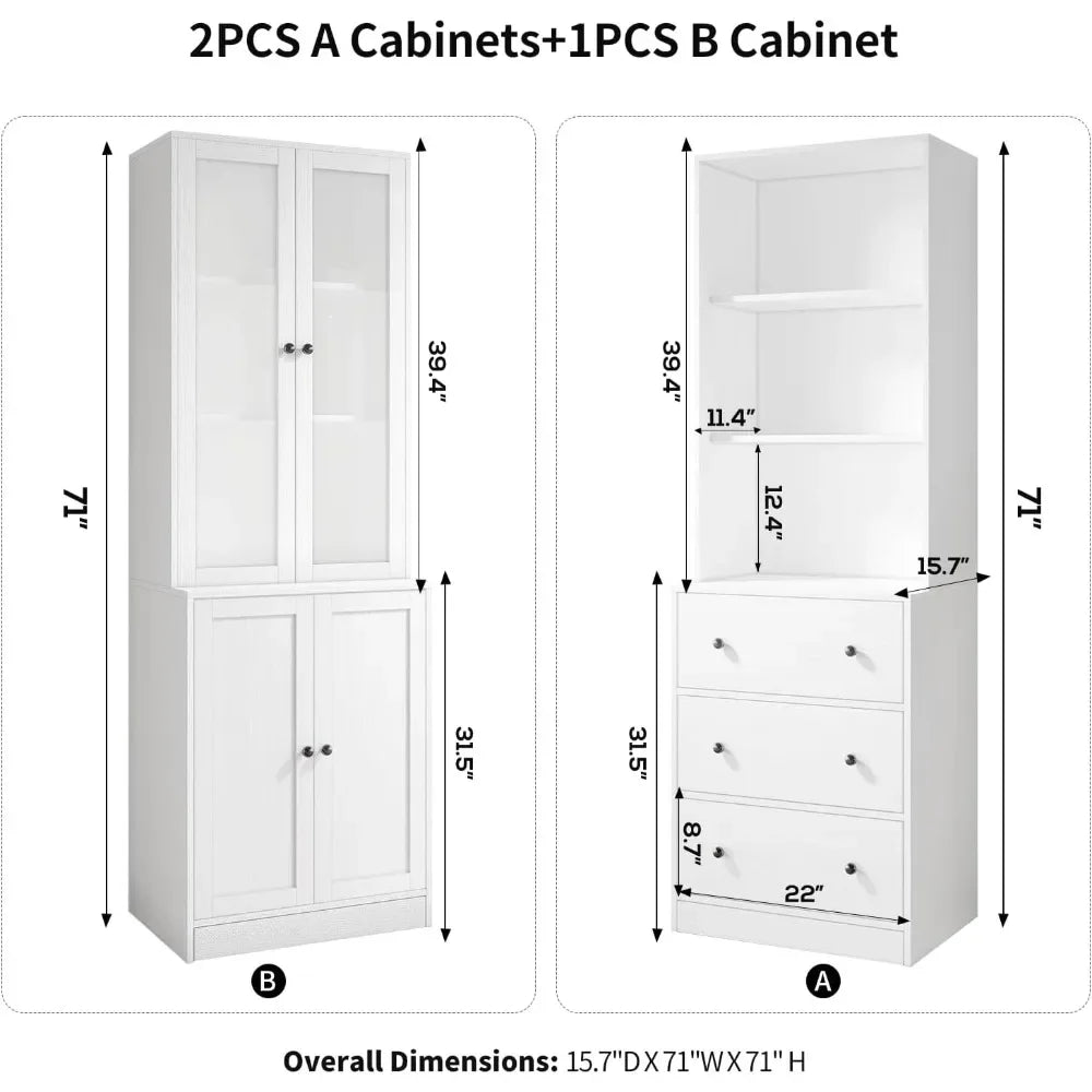 Archivador vertical de 3 niveles con cajón grande, madera con estante de almacenamiento abierto, puertas de vidrio, estantes ajustables, gabinete de oficina