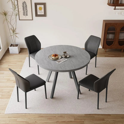 Round Dining Table Set for 4 Modern Casual Coffee Table Set for Kitchen, Living Room Space Saving Dining Table + 4 Black Chairs