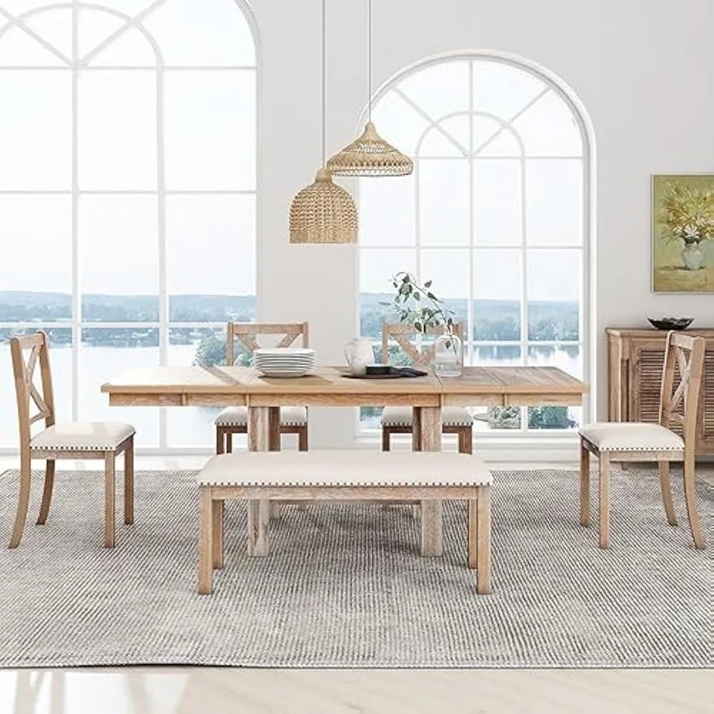 Juego de mesa de comedor de cocina de madera maciza con mesa extensible y banco y sillas tapizadas, juego de mesa de comedor de 6 piezas