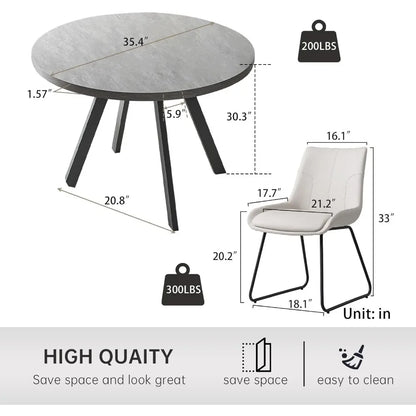 Mesa de comedor redonda y sillas para 4, juego de mesa de MDF y sillas de PU para 4 personas para cocina, sala de estar, comedor, sala de recepción