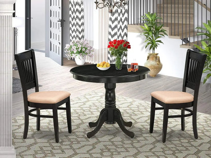 3 Piece Dining Room Furniture Set Contains a Round Dining Table with Pedestal and 2 Wood Seat Chairs, 36x36 Inch, Linen White