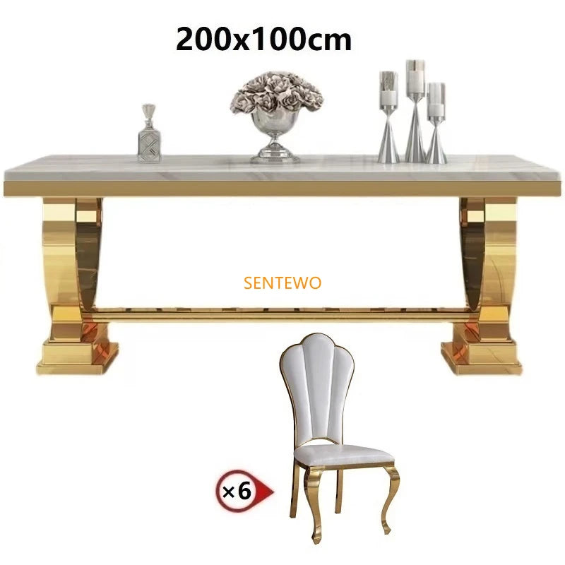 SENTEWO Ensemble de tables et chaises de salle à manger de luxe en marbre avec base en métal émaillé au titane et doré