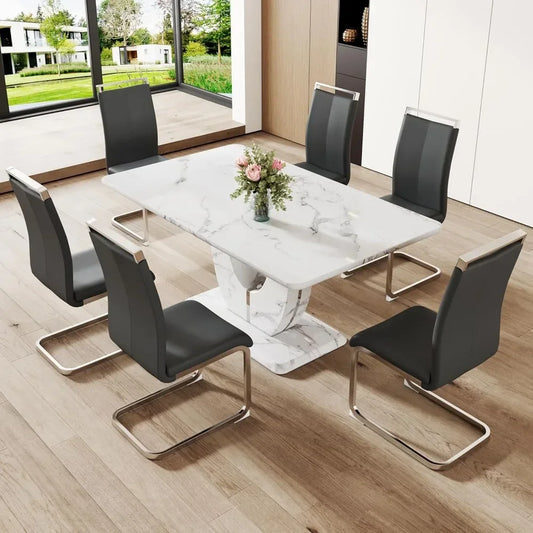 Juego de mesa de comedor moderna para 6 personas, juego de mesa de cocina rectangular con tablero de mármol sintético y 6 sillas tapizadas de cuero sintético