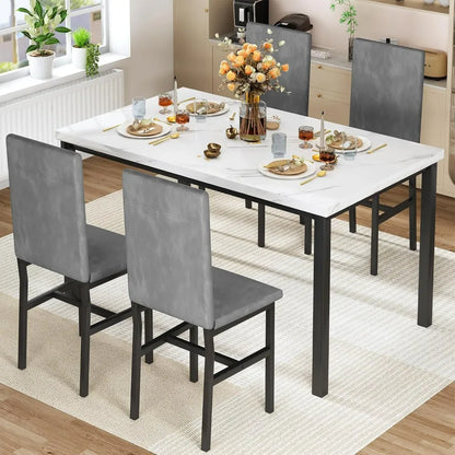 Ensemble de table à manger pour 4 personnes, ensemble de table et de chaises de cuisine moderne de 4 pièces, ensemble de table de salle à manger peu encombrante de 5 pièces avec plateau en faux marbre