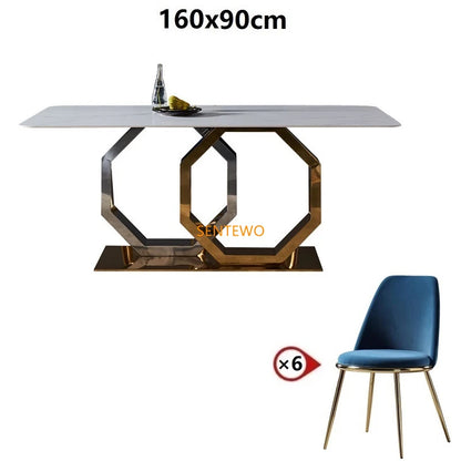 Mesa de comedor de mármol de lujo SENTEWO con 8 sillas de comedor, mesa de comedor con marco dorado, juego de sillas de mármol Basse