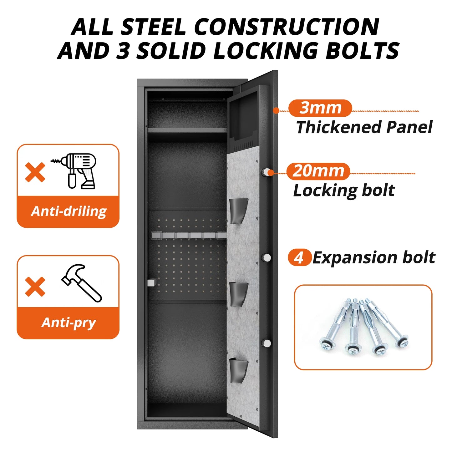 Armoire de sécurité pour 10 à 15 armes à feu avec 3 pochettes pour pistolets, armoire biométrique de grande taille, casier pour armes à feu robuste et haut pour la maison, fusil, pistolet