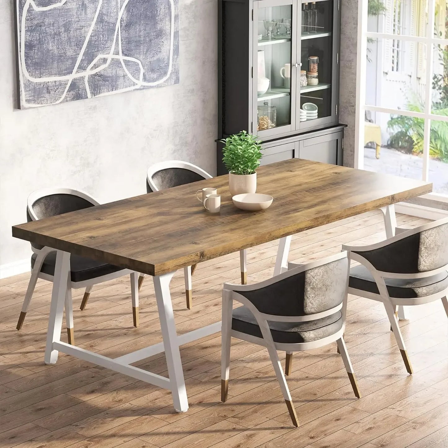 Table à manger pour 8 personnes, table de cuisine rectangulaire en bois de 70,87 pouces avec cadre en métal, longue table de salle à manger (gris, sans chaise)