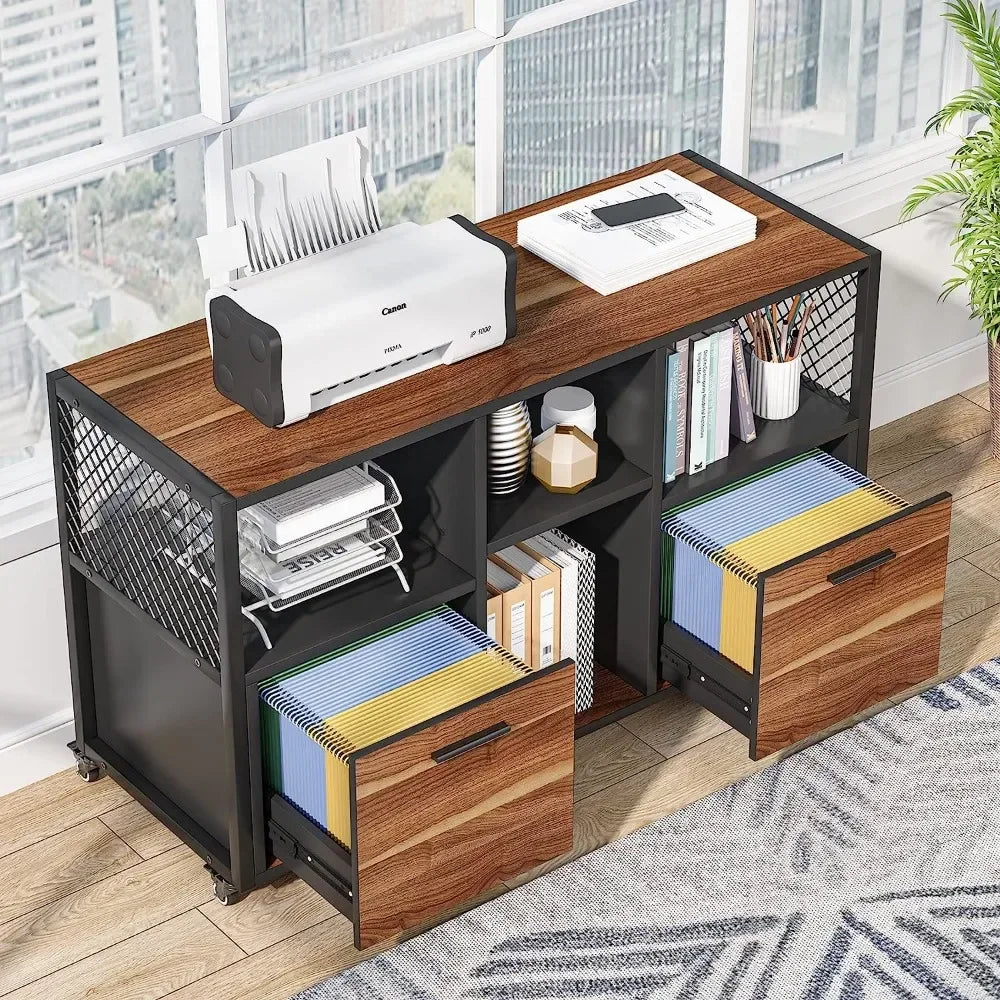 2 Drawer File Cabinets, Mobile Lateral Filing Cabinet for Letter/ A4 Size, Printer Stand with Open Storage Shelves and Drawer