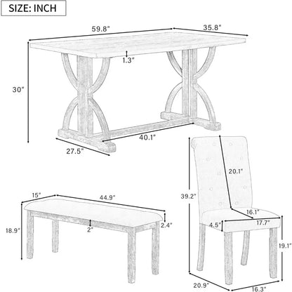 Ensembles de salle à manger, 6 pièces avec banc et 4 chaises rembourrées et 1 banc pour salle à manger et cuisine, ensembles de salle à manger