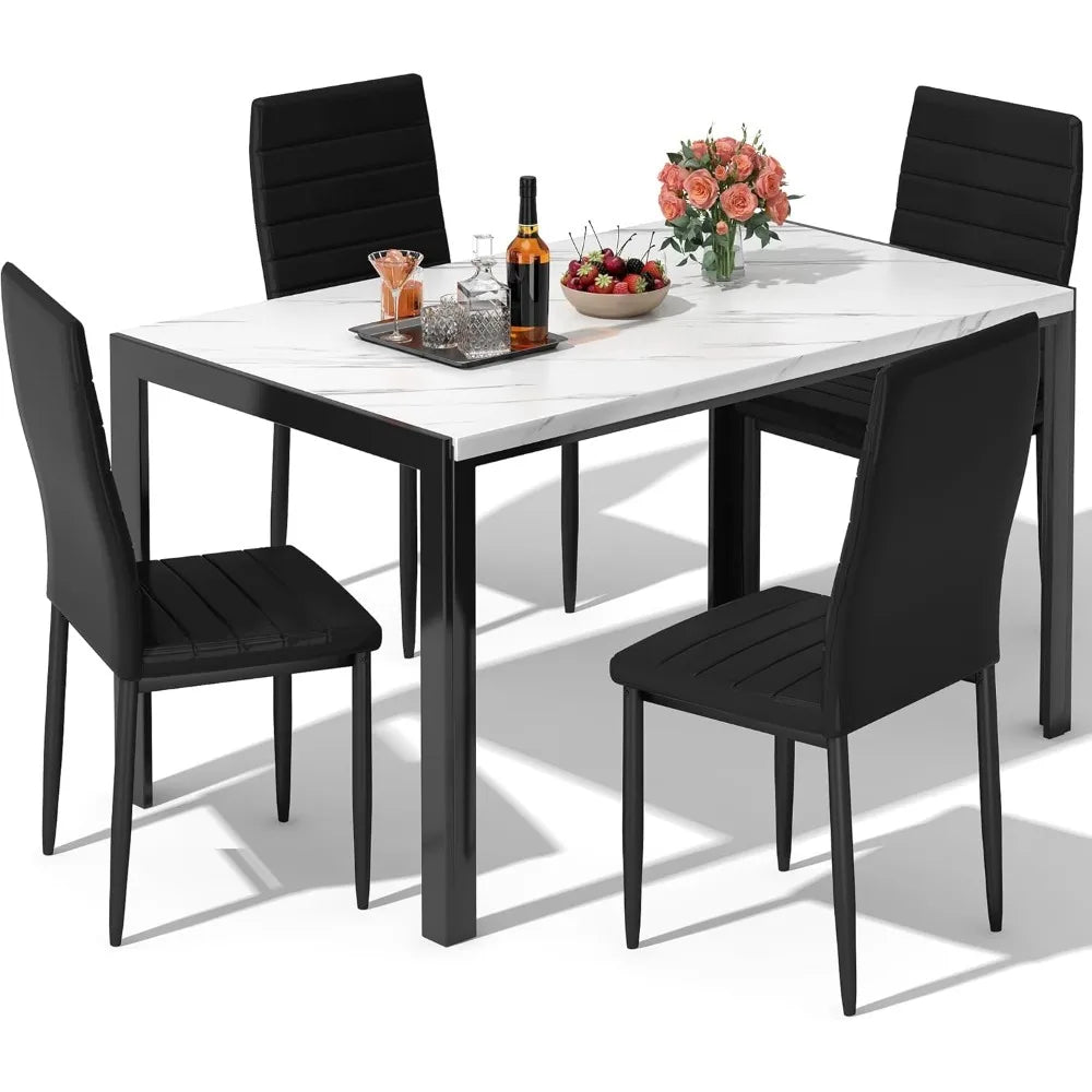 Juego de mesa de comedor para 4, juego de mesa y sillas de cocina moderno de 5 piezas, juego de mesa de comedor de 4 sillas de cuero PU de imitación de mármol