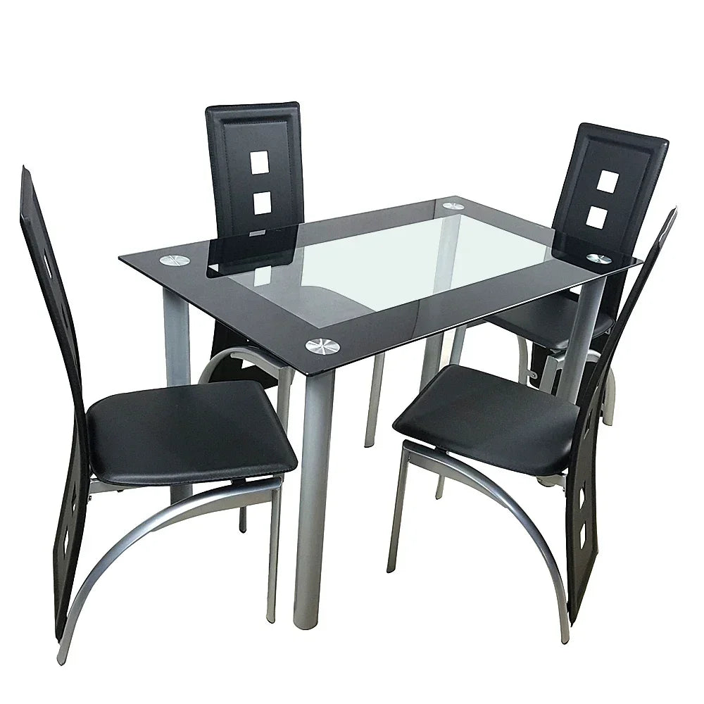 110cm Dining Table Set Tempered Glass Dining Table with 4pcs Chairs Transparent & Black