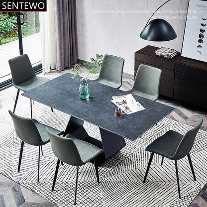 SENTEWO Table à manger en dalle de roche italienne avec chaises de salle à manger, base en acier au carbone, table en faux marbre, meubles de maison, assiettes de luxe