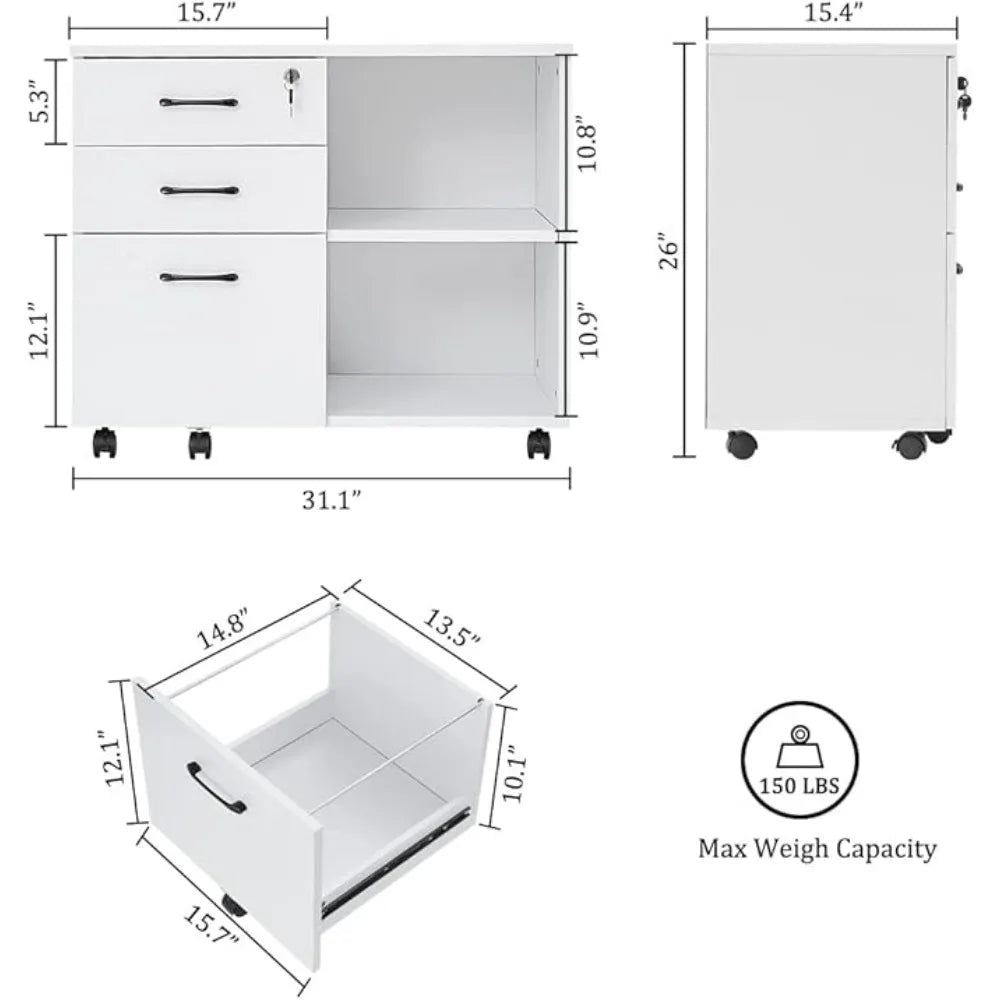 Classeur en bois, classeur latéral mobile à 3 tiroirs sur roulettes, support d'imprimante avec étagères de rangement ouvertes pour le bureau à domicile