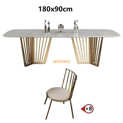 Mesa de comedor de cocina de mármol de lujo SENTEWO con juego de 8 sillas, mesa de comedor con base de metal esmaltado de titanio, mesas con 4 sillas