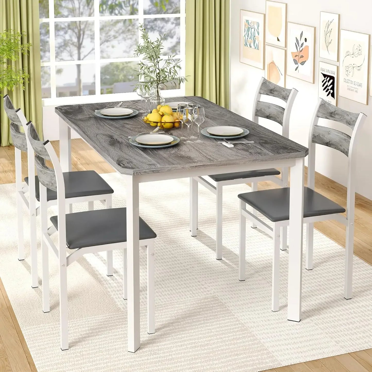 Juego de mesa de comedor para 4, mesa de comedor de 43,3" con 4 sillas tapizadas de cuero sintético, juego de mesa y sillas de cocina de madera de 5 piezas