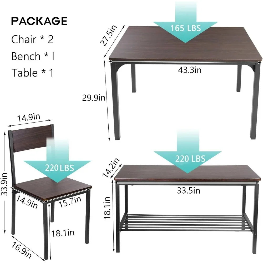 Juego de mesa de comedor para 4, juego de mesa de cocina con sillas y banco, juego de mesa de comedor de 4 piezas para espacios pequeños, apartamento