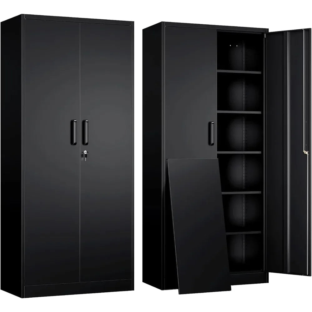 Gabinete de almacenamiento de garaje de metal con 2 puertas y 5 estantes ajustables - Archivador de acero con cerradura de 71", gabinetes de herramientas con cerradura