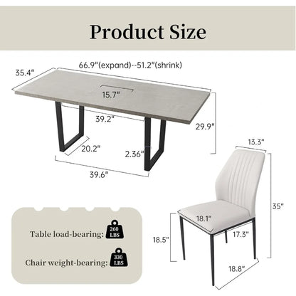 Modern Mid-Century Dining Table Set for 6-8 People Dining Room Table Set Extendable Wood Dining Table and 6 Upholstered Chairs