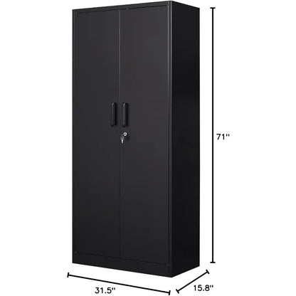 Gabinete de almacenamiento de metal con 2 puertas y 6 estantes, gabinete de metal negro con cerradura, gabinete de almacenamiento de garaje con cerradura de 71"