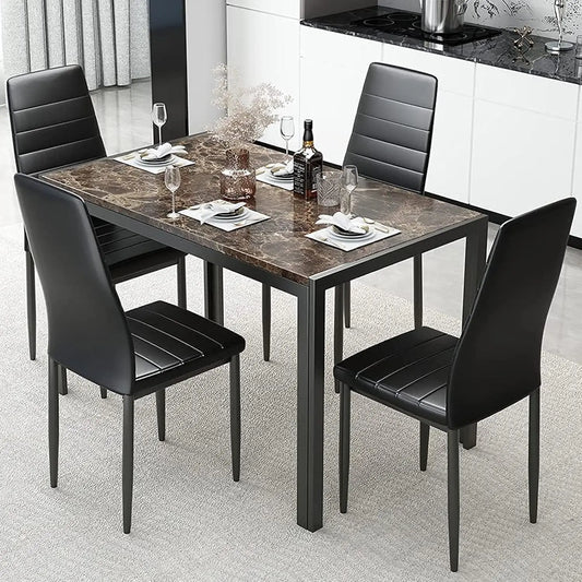 Ensemble de table à manger pour 4 personnes, ensemble de table et de chaises de cuisine de 4 pièces, ensemble de table de salle à manger en faux marbre, petite table de cuisine, brun