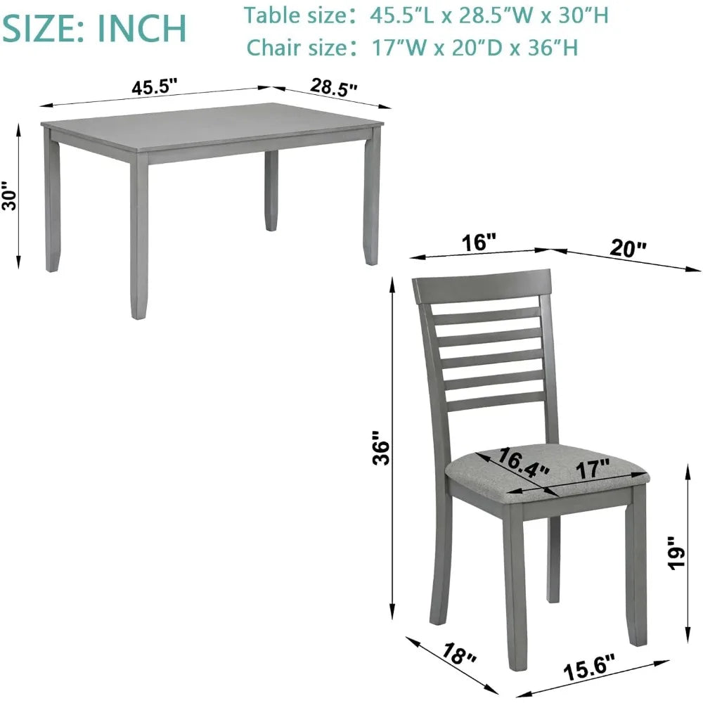 Dining Table Set 4, Rectangular Table and 4 Upholstered Chairs, 5 Piece Dining Table Set Kitchen Dining Room Living Room, Gray