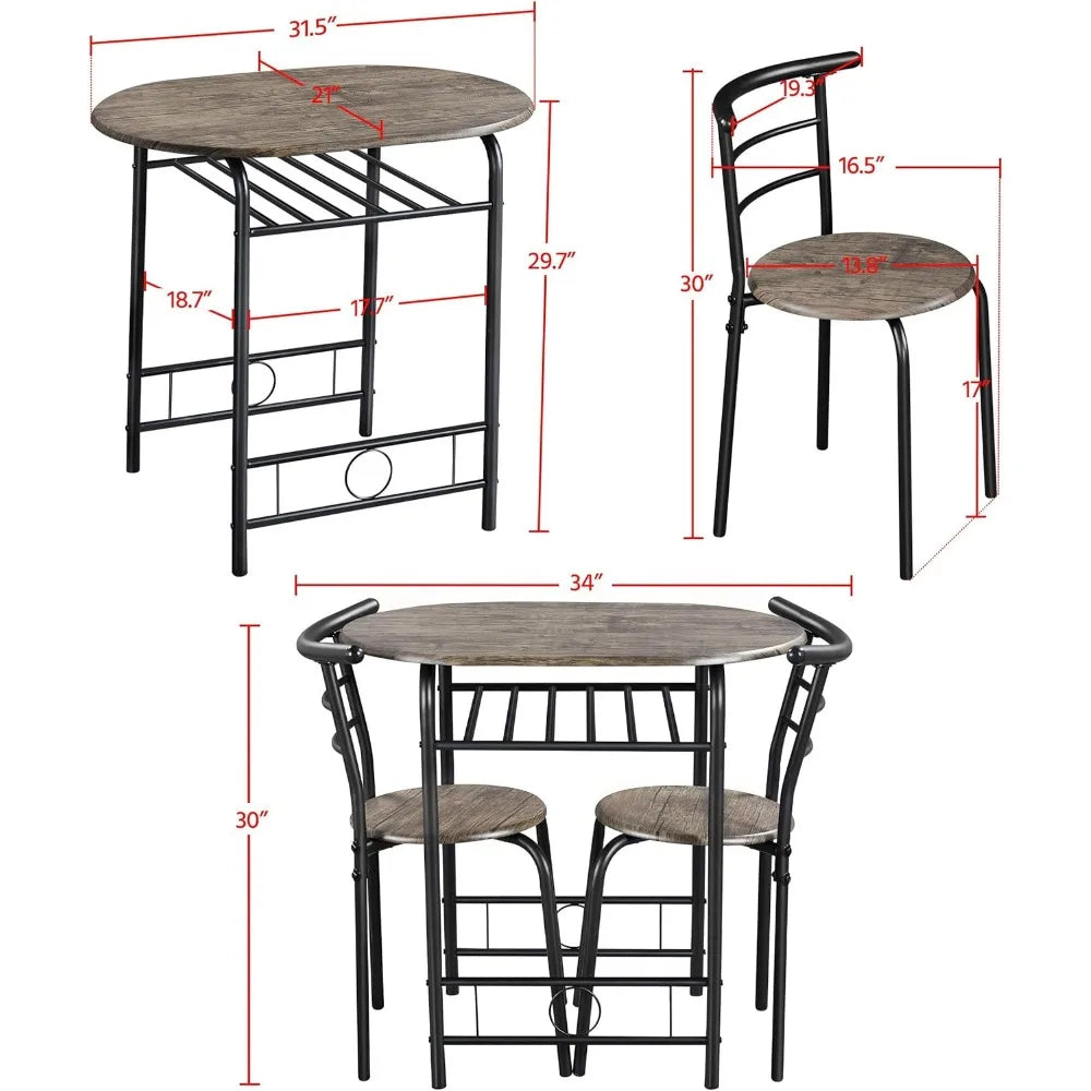 3 Piece Dining Table， Kitchen Table & Chair Sets, Compact Bistro Table Set with Steel Legs, Built-in Wine Rack for Small Space