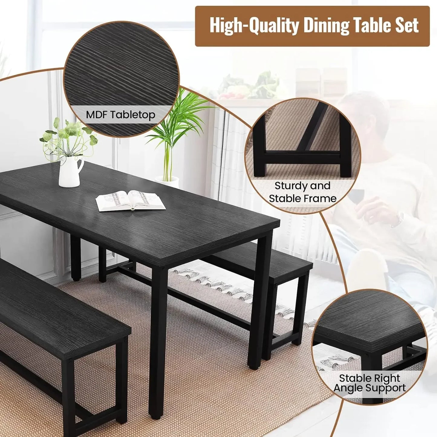 Juego de mesa de comedor Recaceik para 4 personas, juego de mesa de cocina con 2 bancos de comedor, juego de mesa de comedor de estilo rústico de 3 piezas, estilo industrial