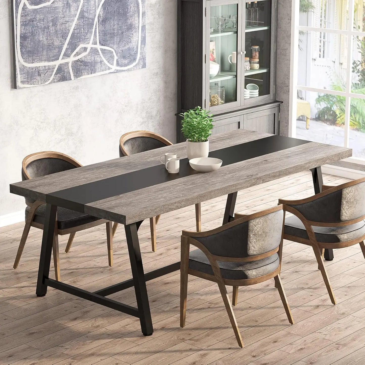 Juego de mesa de comedor. Mesa de comedor para 8 personas, mesa de cocina rectangular de madera de 70,87 pulgadas con marco de metal, mesa industrial grande y larga