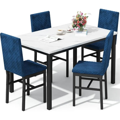 Ensemble de table à manger pour 4 personnes, tables de salle à manger en faux marbre avec 4 chaises de salle à manger rembourrées en velours, ensemble table et chaises de cuisine