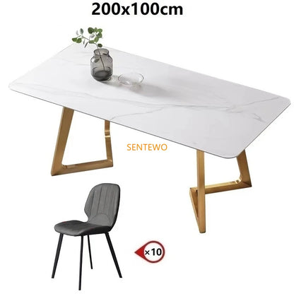 SENTEWO Luxury Rock Slab Kitchen Dining Table With Chair Set Stainless Steel Gold Base Faux Marble Top Table Mesa Com 6 Cadeiras