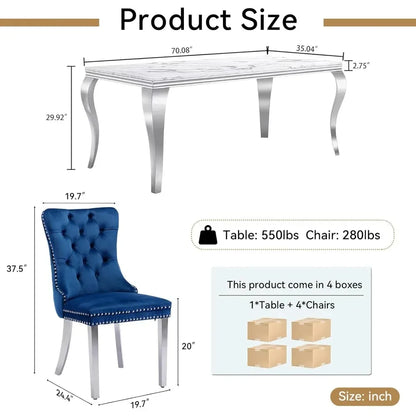 Ensemble de table à manger pour 4 personnes, tables à manger en faux marbre de 70 po avec piédestal en acier inoxydable, 4 chaises rembourrées, ensemble de salle à manger