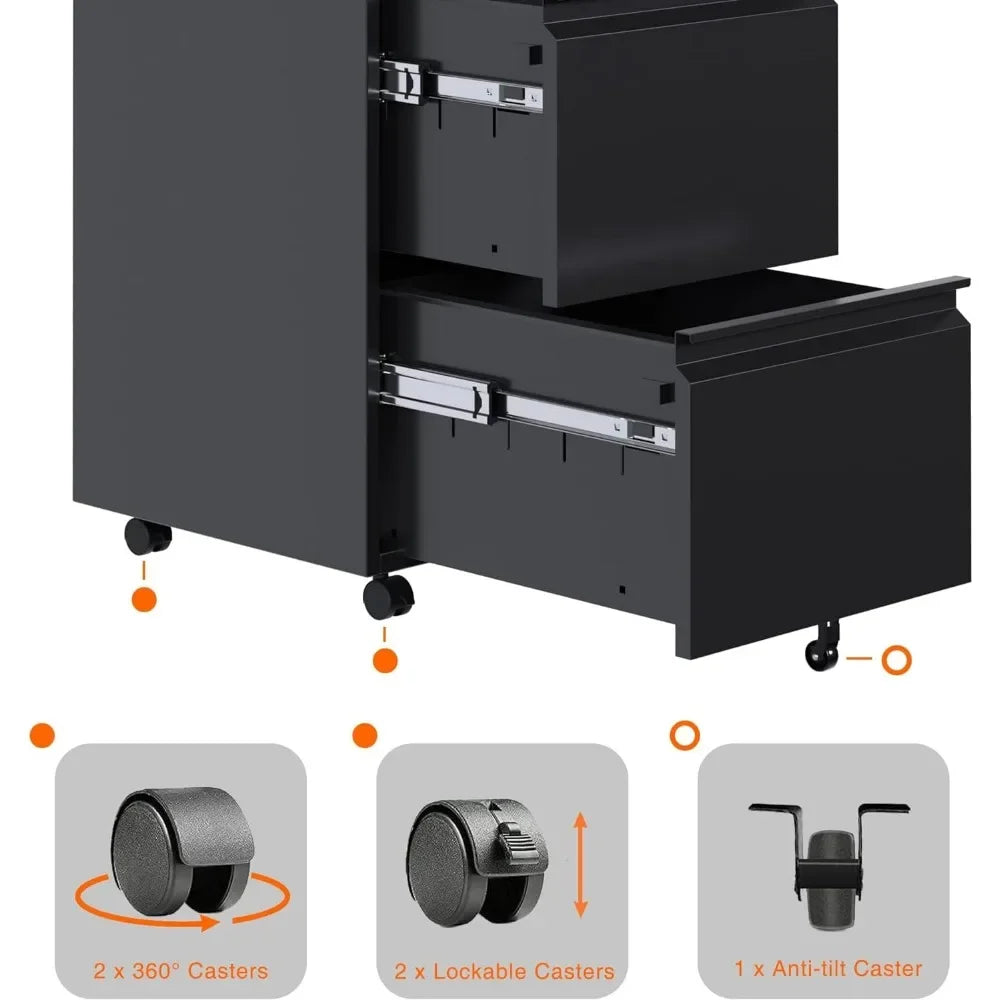 Archivador móvil de metal con 2 cajones y cerradura, archivador de acero para debajo del escritorio, 25,6'' de alto, tamaño legal