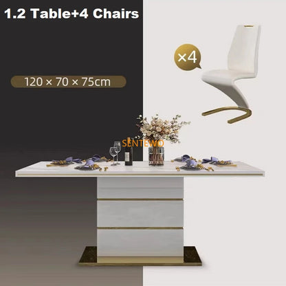 SENTEWO Table à manger de luxe moderne avec 8 chaises de salle à manger, base en acier inoxydable doré, plateau en verre trempé, chaise de dîner sirène