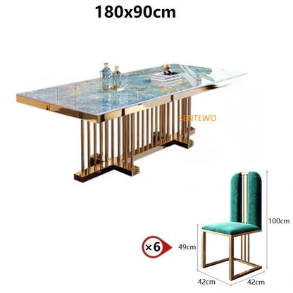 SENTEWO Ensemble de table à manger de luxe en dalle de roche italienne avec 4 chaises, table à manger à cadre doré avec chaise, meubles de cuisine, livraison gratuite