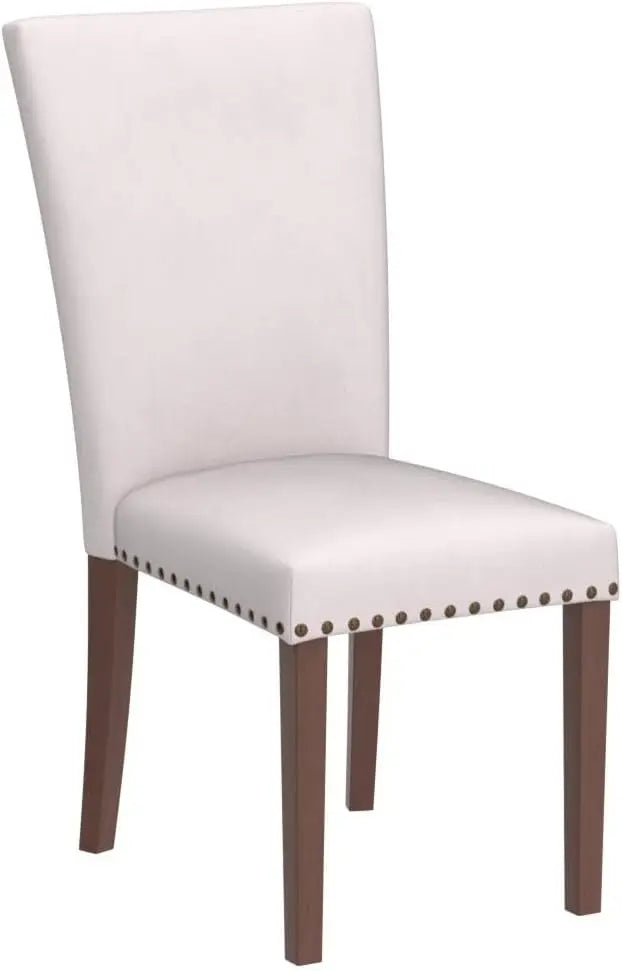 Juego de 4 sillas de comedor, silla auxiliar de tela para cocina con borde de tachuelas y patas de madera, color beige