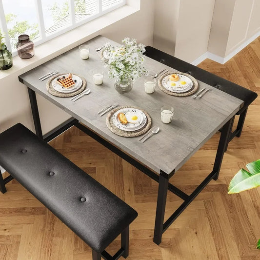 Juego de mesa de comedor para 4, mesa de cocina con bancos, juego de mesa de comedor rectangular con 2 bancos tapizados, 3 piezas