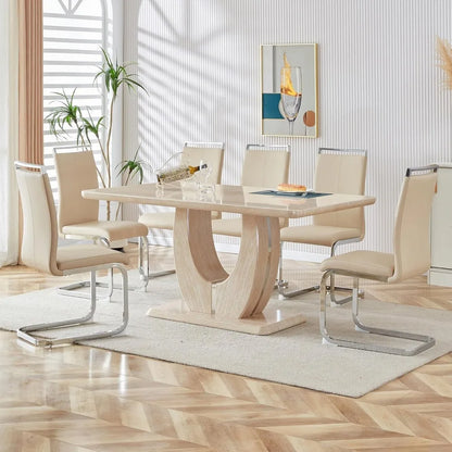 Juego de mesa de comedor de madera moderna para 6 personas con tablero de imitación mármol y 6 sillas tapizadas de cuero PU, veta de madera beige