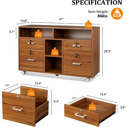 Wide 4 Drawer File Cabinet with Lock, Wood Lateral File Cabinet with Open Shelves, Lockable Rolling File Cabinets for Office