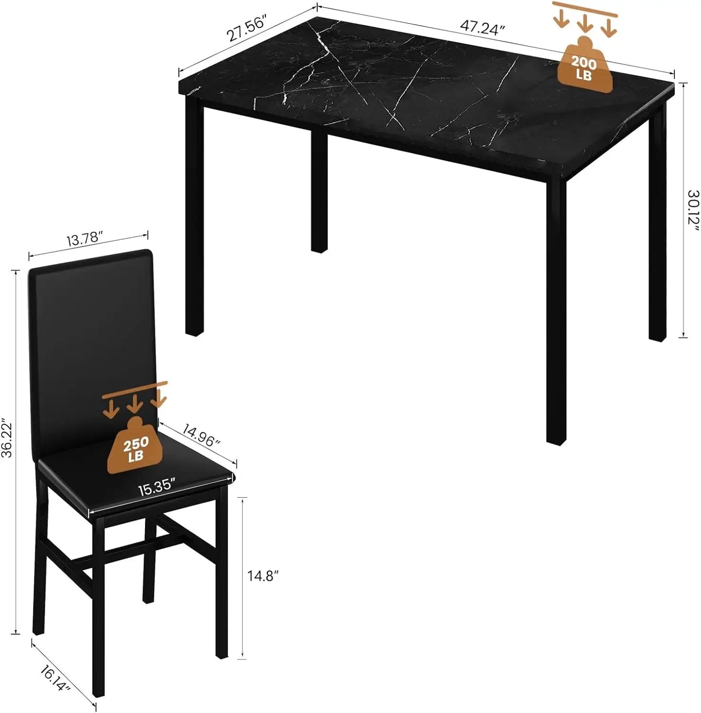 Table à manger en faux marbre noir avec 4 chaises rembourrées, ensemble de salle à manger 5 pièces pour petit espace, table de petit-déjeuner et bar