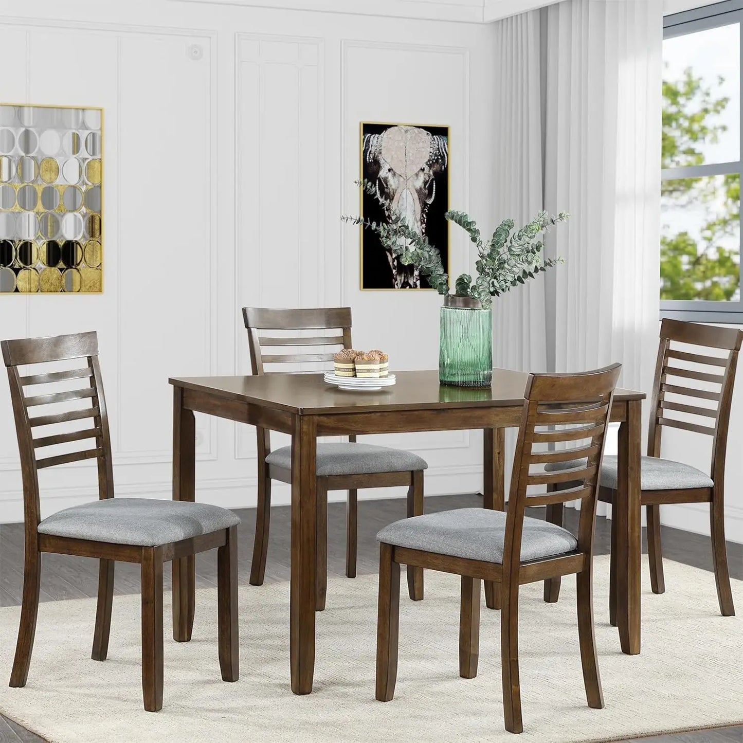 Dining Table Set 4, Rectangular Table and 4 Upholstered Chairs, 5 Piece Dining Table Set Kitchen Dining Room Living Room, Gray