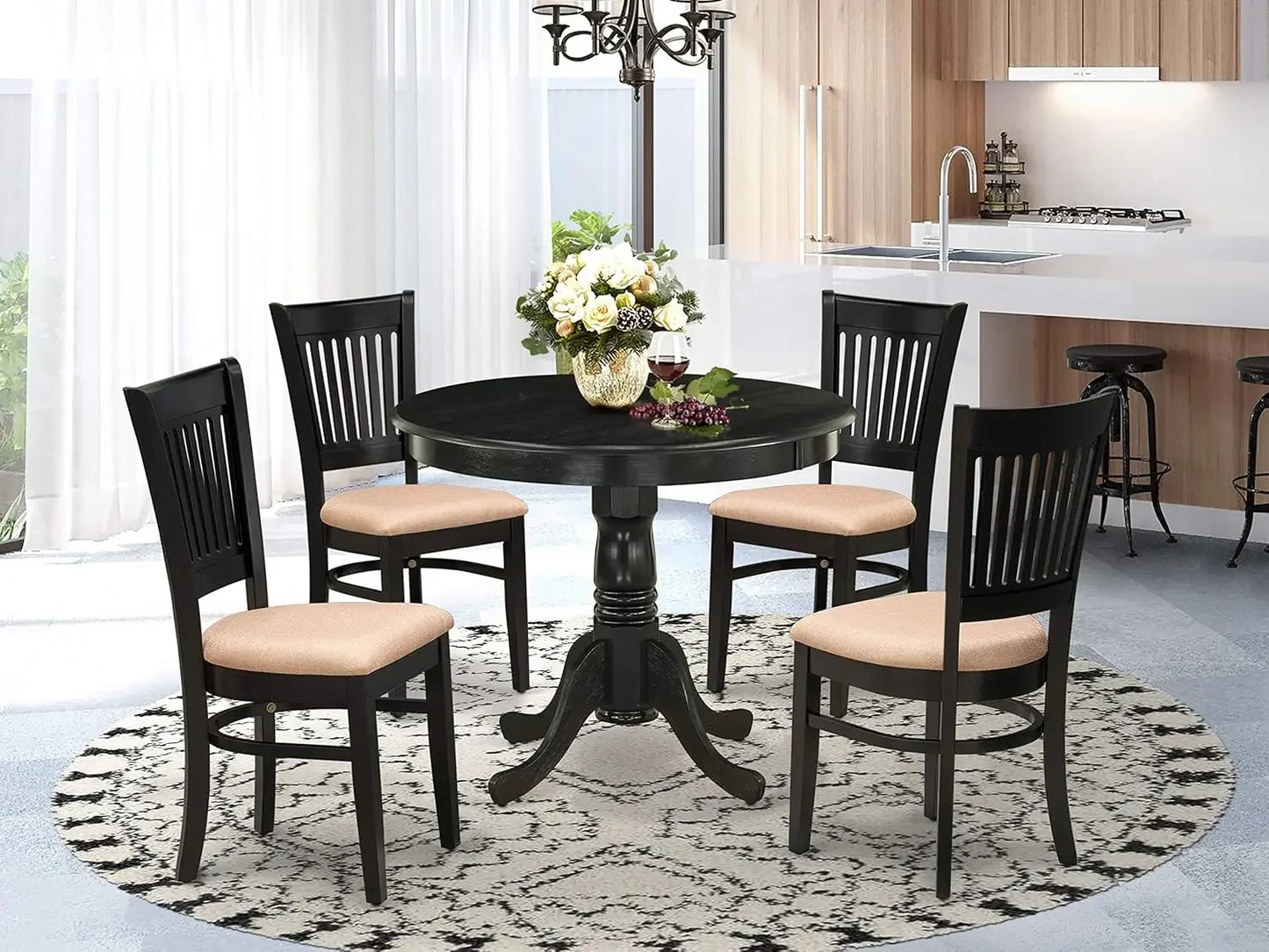 3 Piece Dining Room Furniture Set Contains a Round Dining Table with Pedestal and 2 Wood Seat Chairs, 36x36 Inch, Linen White