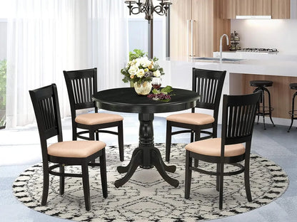 3 Piece Dining Room Furniture Set Contains a Round Dining Table with Pedestal and 2 Wood Seat Chairs, 36x36 Inch, Linen White