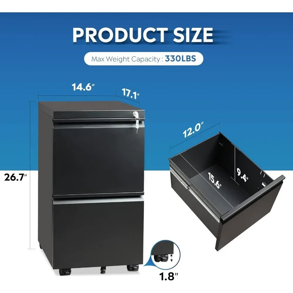 Classeur mobile à 2 tiroirs avec serrure, classeur vertical, conception roulante avec 2 roulettes avant avec fonction de freinage