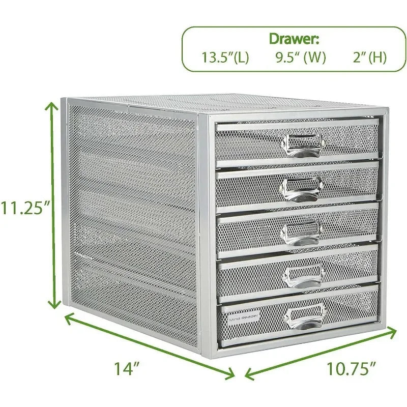 File Storage Drawers, Desk Organizer, Multi-Purpose, Crafts, Office, Metal Mesh, 11"L x 14"W x 11"H, Silver