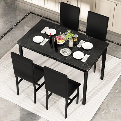 Table à manger en faux marbre noir avec 4 chaises rembourrées, ensemble de salle à manger 5 pièces pour petit espace, table de petit-déjeuner et bar